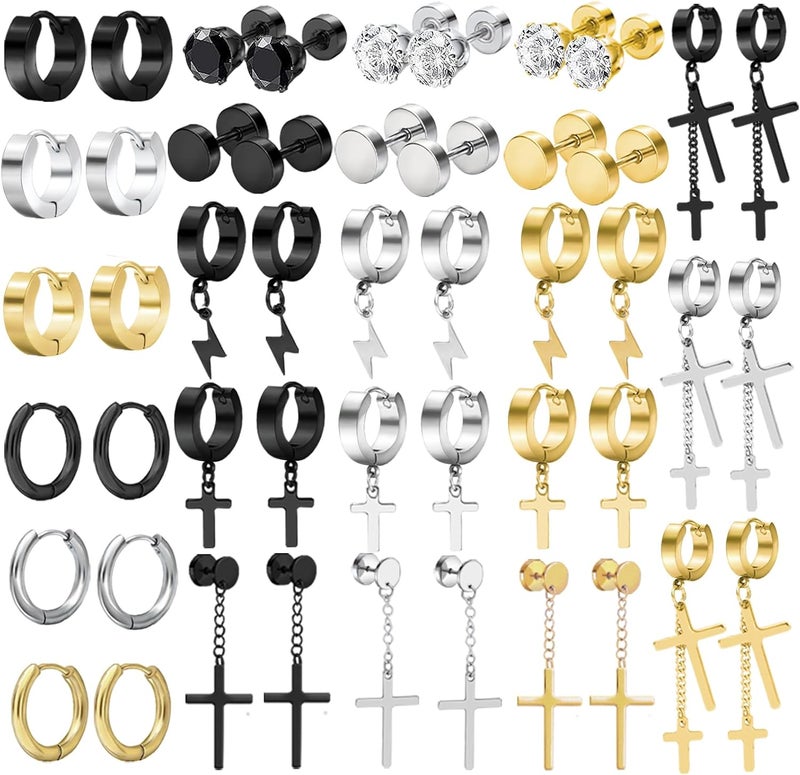 NEWITIN 24 Pairs Stainless Steel Earrings for Men Hypoallergenic Inlaid Cubic Zirconia Studs Hoop Earring Cross Dangle Earrings Unisex Punk Stud Earring for Women Men - Image 1